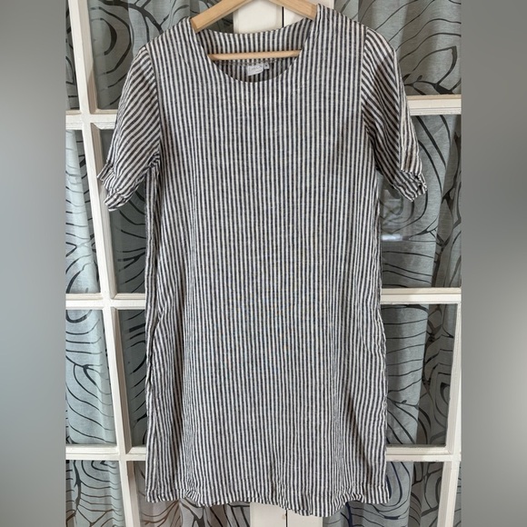 Len Ok S Black White Linen Striped tunic short sleeve summer Dress with pockets - Picture 1 of 6